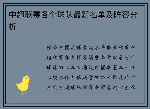 中超联赛各个球队最新名单及阵容分析